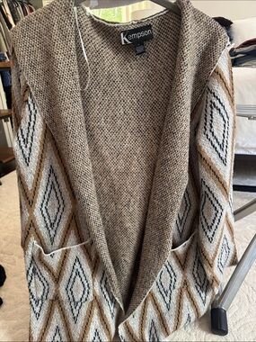 Tan & Cream Diamond-Pattern Open Cardigan